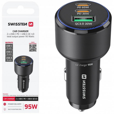 Swissten Auto Lādētājs 2x USB-C PD / USB / 95W