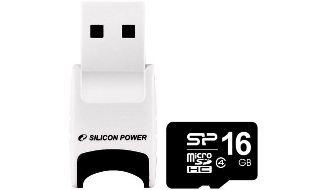 Silicon Power atmiņas karte microSDHC 16GB Class 4 + USB kartes lasītājs
