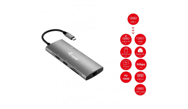 Equip dokkimisjaam USB-C->HDMI.GbE.USB2.0.3xUSB3.0.100WPD.+ 25cm hõbedane