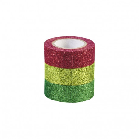 Paberteip dekoreerimiseks,sädelev heleroheline, roheline, punane, 15mmx3m, 3 rulli pakis, Heyda