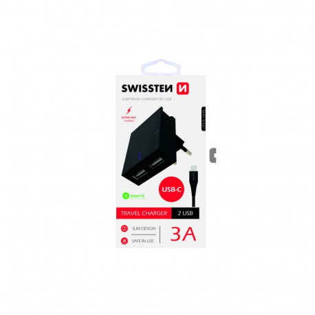 Swissten Travel Charger USB 3А / 15W With USB-C Cable 1.2m