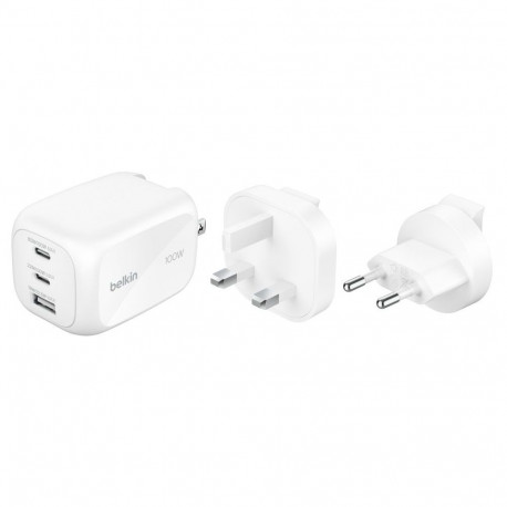 Belkin BOOSTCHARGE 100w 2C1A Wall Charger with interchangable plug tips UK, EU, US White