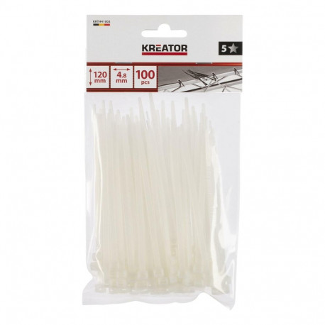 Cable ties white 4.8x120mm - 100 pcs, Kreator, KRTH41003, -40°C to 85°C, 23 kg