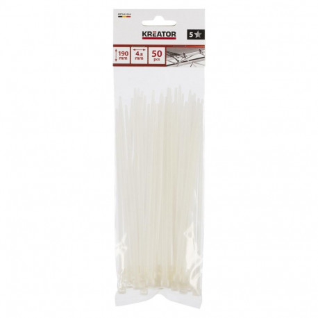 Cable ties white, Kreator, KRTH41004, 4.8x190mm, 50 pcs, -40°C to 85°C, 23 kg