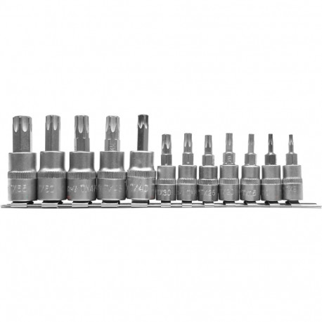 Yato YT-04331 Muciņu komplekt Torx 12tk, 1/4" ja 3/8", S2, CRV 6150, 58-62 HRC, nikkeldatud, kroomit