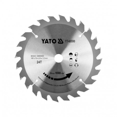 Yato Saeketas YT-60590, 165mm, 24T, 16mm, 1.5mm, 2.2mm, 9500min⁻¹, puit, volframkarbiid