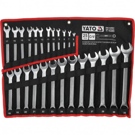 Yato YT-0365 kombineeritud mutrivõtmete komplekt, 25 tk, 6-32mm, DIN 3113, CrV, 42-48 HRC, 15°