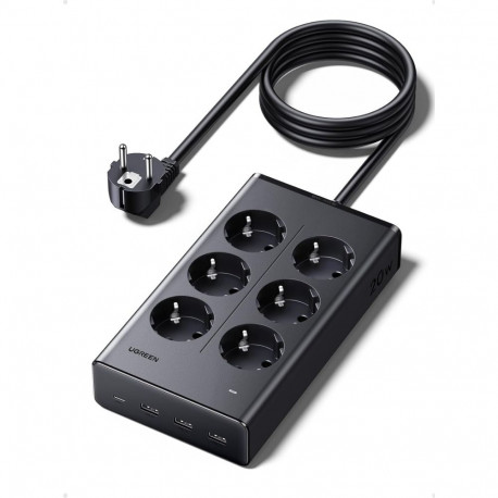Extension cord 1.3m 6 sockets with USB charger (3x USB-A max 15W, 1x USB-C max 20W) black S622 UGREE