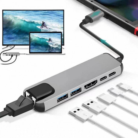 Gembird A-CM-COMBO5-06 USB Type-C 6-ühes mitme pordiga adapter (AF ja Type-C jaotur + HDMI + PD + LA