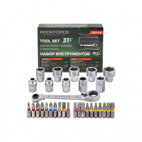 Tööriistakomplekt 31 tk 1/4", ROCKFORCE, RF-2311-5, kroom-vanaadium sulam, 20 bitti, kompaktne korpu