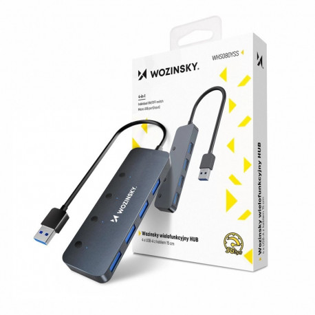Wozinsky Wozinsky WHS080YSS 4x USB-A 3.0 Hub with Individual Switches, Aluminum, with 15 cm USB-A Ca