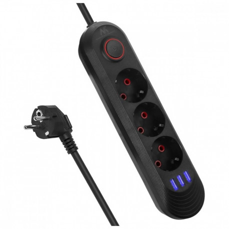 Pikendusjuhe MCE394 B, 1.5m, 3 pistikupesa + 2xUSB, 110-240V AC 50/60Hz, 2.1A max 2500W, must