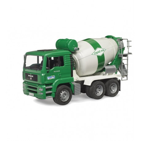 A highly detailed professional photograph of a MAN TGA heavy-duty concrete mixer truck. The 