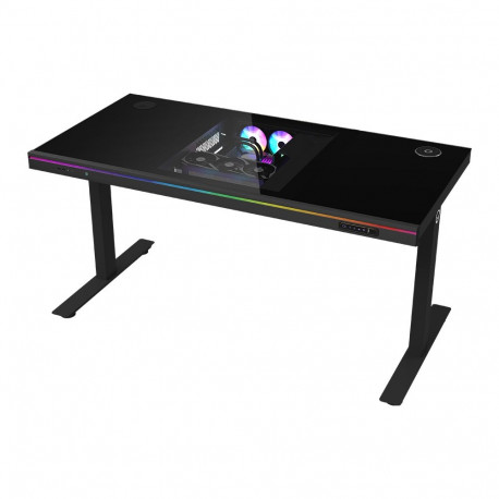 Dual-motor sit/stand adjustable-height gaming desk with built-in PC case, wireless charger, RGB ligh