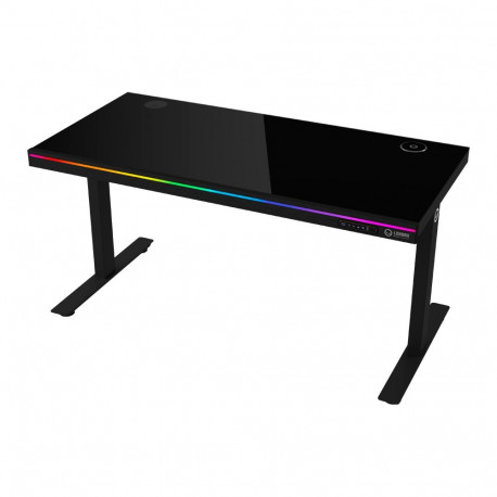 Dual-motor sit/stand adjustable-height gaming desk with wireless charger, RGB lighting, control pane