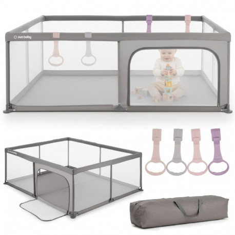 Kojec dla dziecka łóżeczko DUŻY PLAC ZABAW 150 x 200 x 68 cm - szary + uchwyty do kojca st2