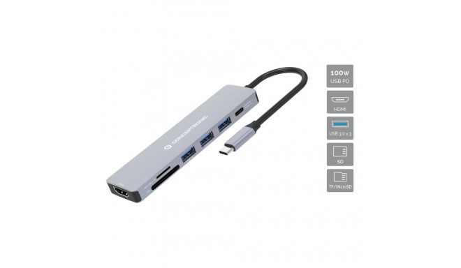 CONCEPTRONIC 7-1 hall dokk USB-C->HDMI/3xUSB-A/SD/TF/+ 25cm