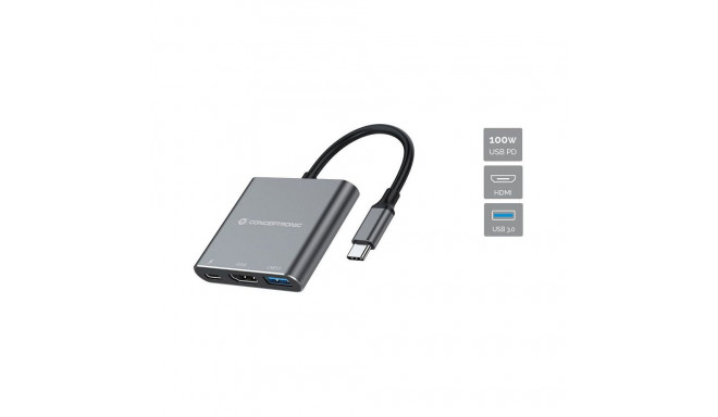 Conceptronic 3-1 dokk USB-C->HDMI/USB-A/100WPD 25cm hall