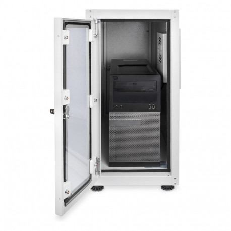 "PC Schrank für Computergehäuse Glastür Digitus. inkl. Lüfter und Castorgruppe. Farbe Grau RAL 7035"