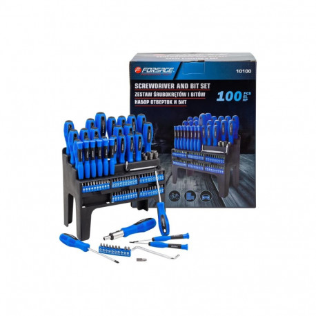 Forsage Screwdriver and Bit Set F-10100, 100 pcs, CrV, magnetic tips, 2-component handle, easy stora