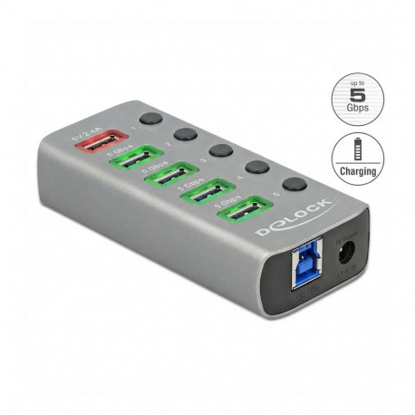 USB-jaotur 5Gbps, 4 pordi + 1 kiirlaadimispordiga, lüliti ja valgustusega