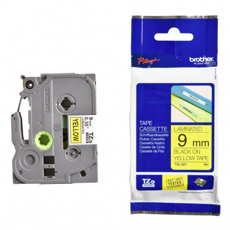 Brother TZe-621 Laminated Tape Black on Yellow, TZe, 9 mm, 8 m