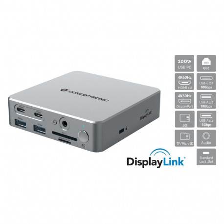 Conceptronic 15-1 dokkimisjaam USB-C->2xHDMI/2xUSB-C/4xUSB-A/+80W hõbedane