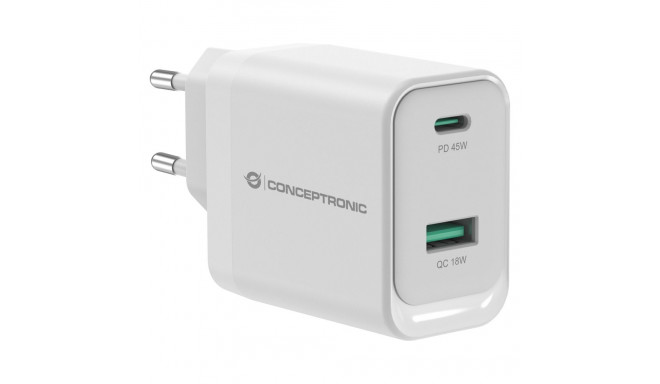 Conceptronic valge 2-pordiline GaN USB-C/-A 45W PD3.0/PPS laadija