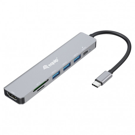 Equip dokkimisjaam USB-C -> HDMI, 3x USB 3.0, SD/TF, 100W PD, 25 cm, hõbedane