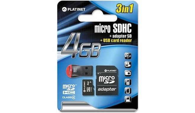 Platinet atmiņas karte microSDHC 4GB + adapteris + karšu lasītājs