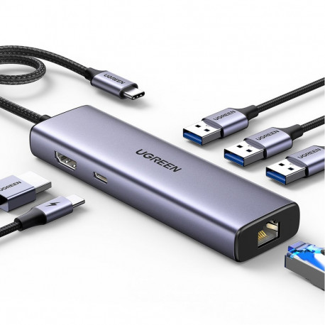 Ugreen HUB Ugreen CM512 15598 6in1 USB-C - 3x USB-A 3.0 / HDMI / RJ45 / USB-C PD - gray