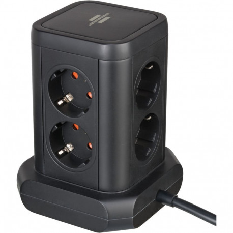 Steckdosenturm 8-fach, 2x USB-A, 1x USB-C (schwarz, 2 Meter Kabel, mit Sicherheitsschalter)