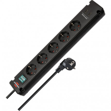 Brennenstuhl Bremounta 5-way power strip, 2x USB-C black, 3 meter cable, 2x USB, with safety switch