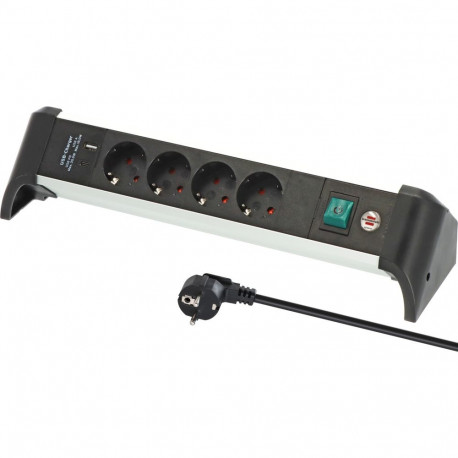 Alu-Office-Line Steckdosenleiste 4-fach, 2x USB, für den Schreibtisch (schwarz/aluminium, 1,8 Meter 