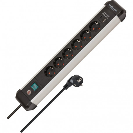 Premium-Alu-Line Steckdosenleiste 6-fach, 2x USB (schwarz/aluminium, 3 Meter Kabel, USB-A, USB-C, mi