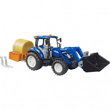 02187 BRUDER New Holland T5.120 mit Frontlader, Ladekasten, Gabeln und Rundballen