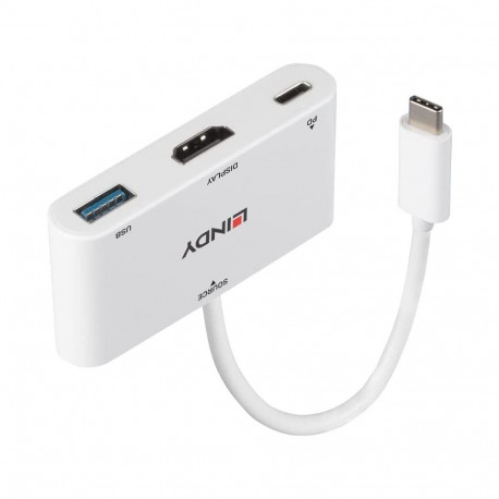 USB 3.2 Gen 1 Multiport-Hub, USB-C Stecker > USB-A + USB-C Buchse + HDMI-Buchse (weiß, 18cm, PD 3