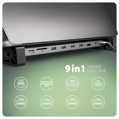 AXAGON USB-C 5Gbps LONGER 9in1 hub | HMC-10HLS