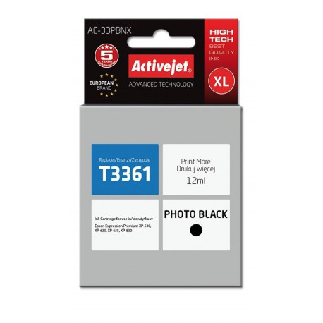 Activejet AE-33PBNX tindikassett (asendus Epson 33XL T3361; Supreme; 12 ml; fotomust)