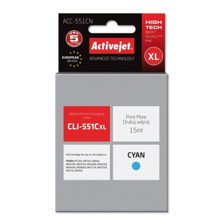 Activejet ACC-551CN tindikassett (asendus Canon CLI-551C; Supreme; 15 ml; tsüaan)