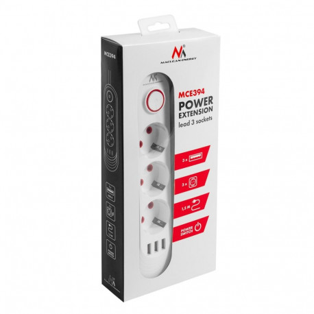 Power Extension Cord - Maclean MCE394 3 Socket 3xUSB 2500W 1.5m White