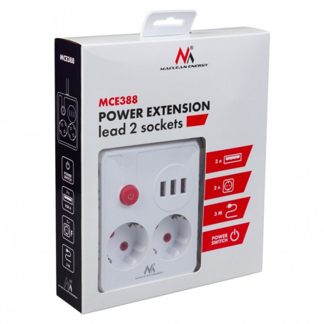 Power Strip - Maclean MCE388 2 Sockets + 3 USB 2500W 3m White