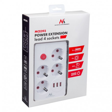 Power Extension Cord - Maclean MCE393 4-Socket 3xUSB 2500W 3m White
