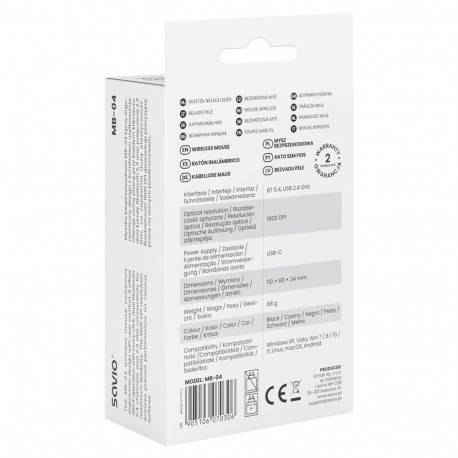 Wireless Mouse - Savio MB-04 Bluetooth 1600 DPI Ambidextrous Black