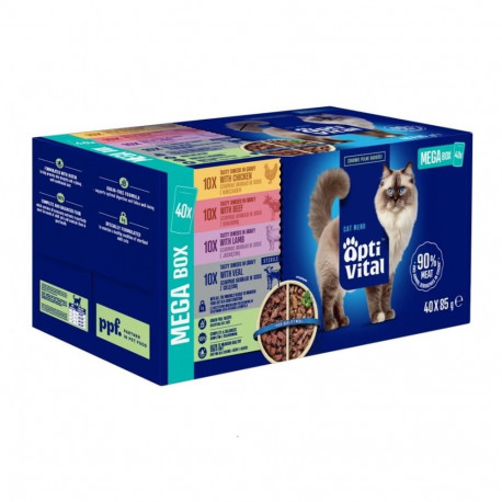 Cat Food - OptiVital Tasty Shreds in Gravy Chicken Beef Lamb Veal 40x85g