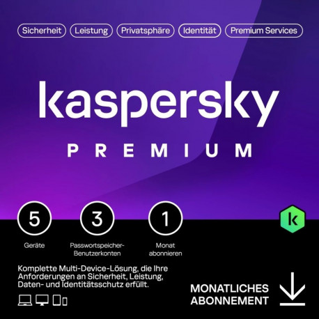 Kaspersky Premium tellimus (ABO) 1 kuu 5 seadmele ESD allalaadimine