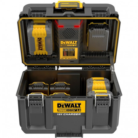 ToughSystem 2.0 laadimiskast DWST83471 võimaldab samaaegselt laadida 2 18Volt XR/54Volt FLEXVOLT aku