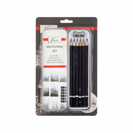 Nassau harilikud pliiatsid metallkarbis koos teritajaga 6 tk