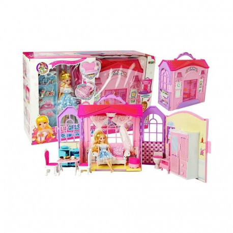 Lahtikäiv nukumaja blondi nuku ja tarvikutega kohvris (köök, tualett, magamistuba)