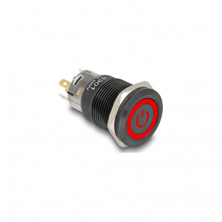 "Druckschalter zum Einbau schwarz 19 mm 12 V 5 x Lötanschluss LED rot Powersymbol + Ring"